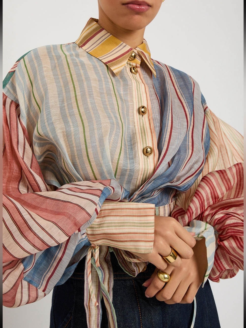 COMMENSE Multicolor Striped Tie Waist Blouse Gold Buttons NWT Med